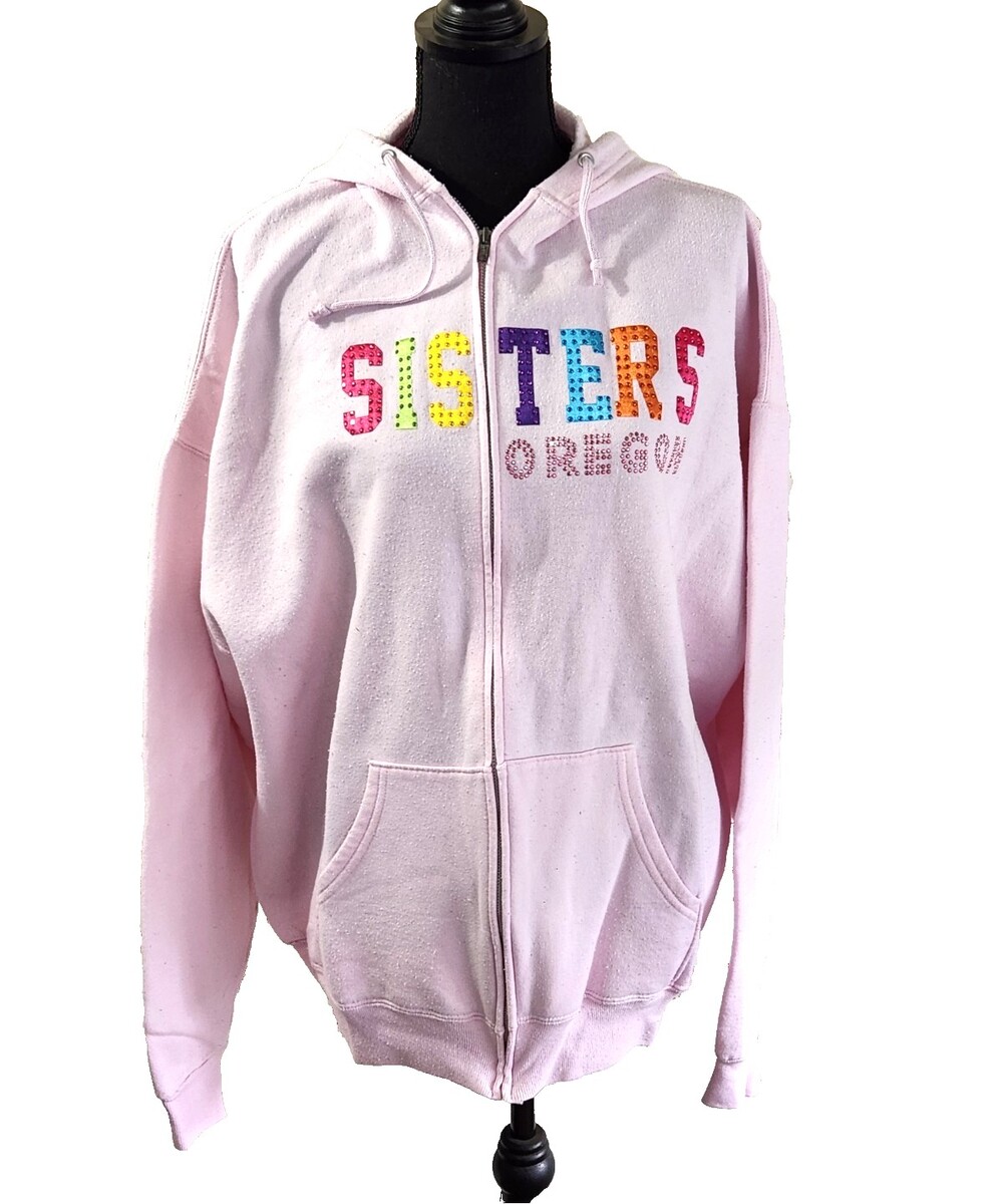 Woman's Pink Jerzees Hooded Zip Up Sweatshirt Sisters Oregon size 2XL Sparkly